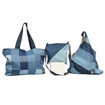 Three eco-friendly denim bags in different patchwork and striped designs, displayed against a plain white background.